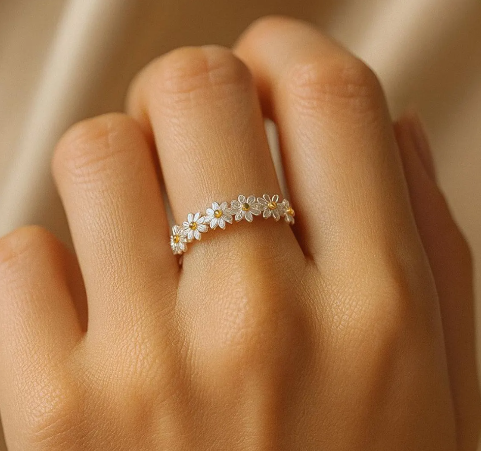 Cottagecore Daisy Flower Ring Open Band in Premium 316L Stainless Steel