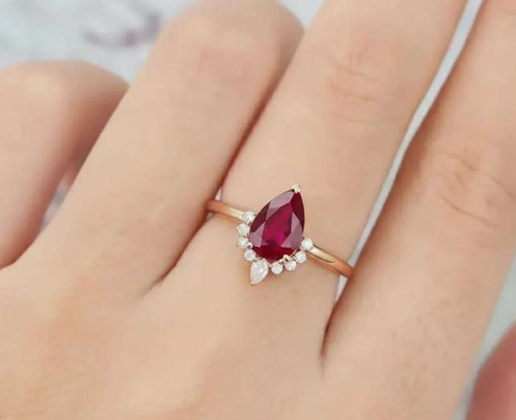 14K Gold Pear & Round Cluster Wedding Ring, Red Gemstone Solitaire Ring, Anniversary Gift Ring For Wife