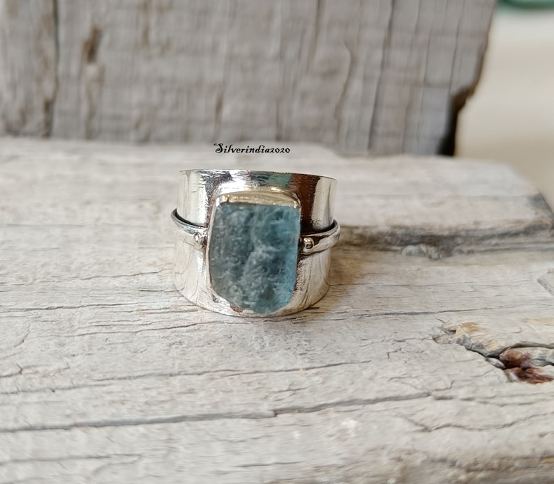 Raw Aquamarine Statement Ring 925 Sterling Silver Band